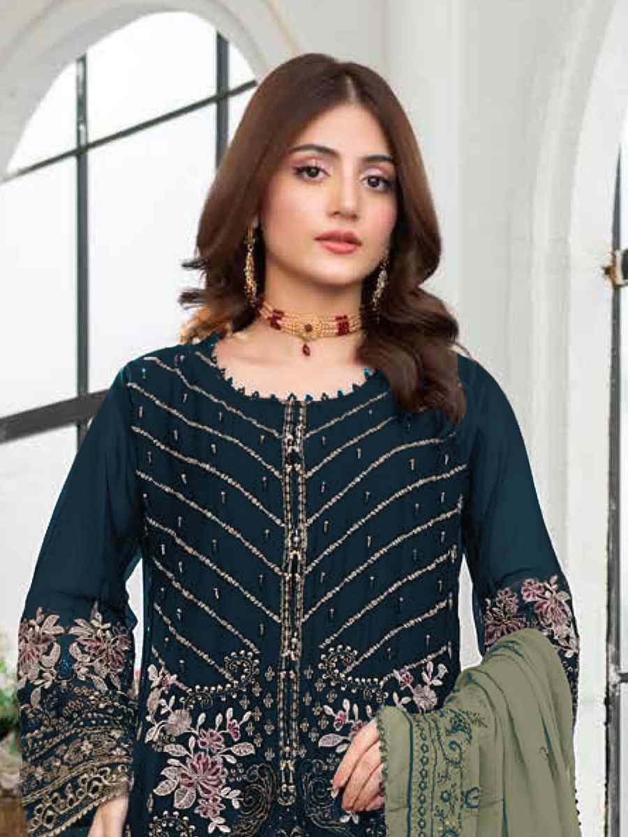 Green Faux Georgette Embroidered Festival Wedding Pant Salwar Kameez