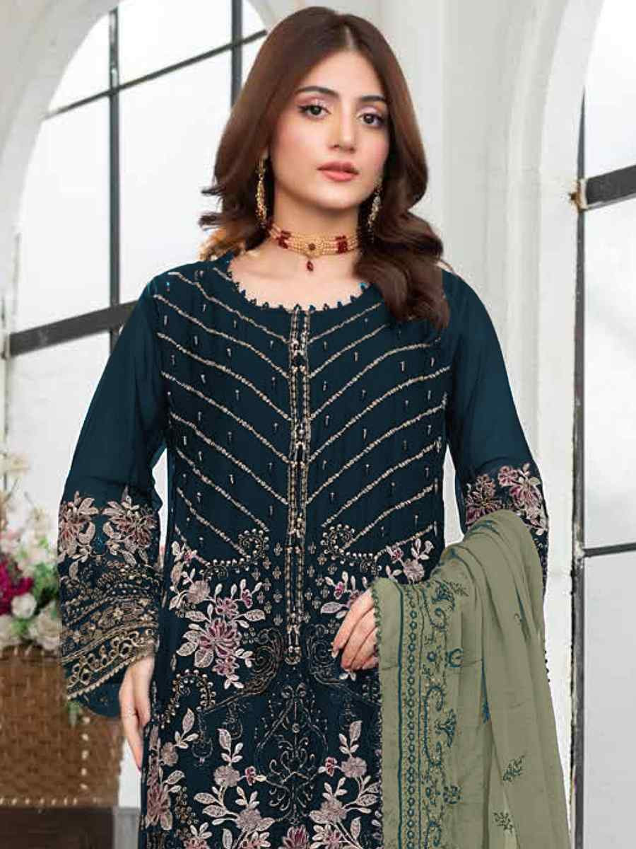 Green Faux Georgette Embroidered Festival Wedding Pant Salwar Kameez