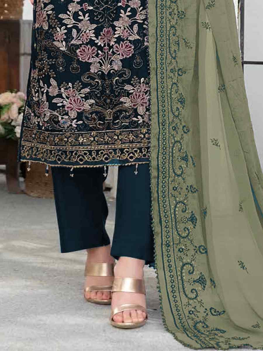 Green Faux Georgette Embroidered Festival Wedding Pant Salwar Kameez