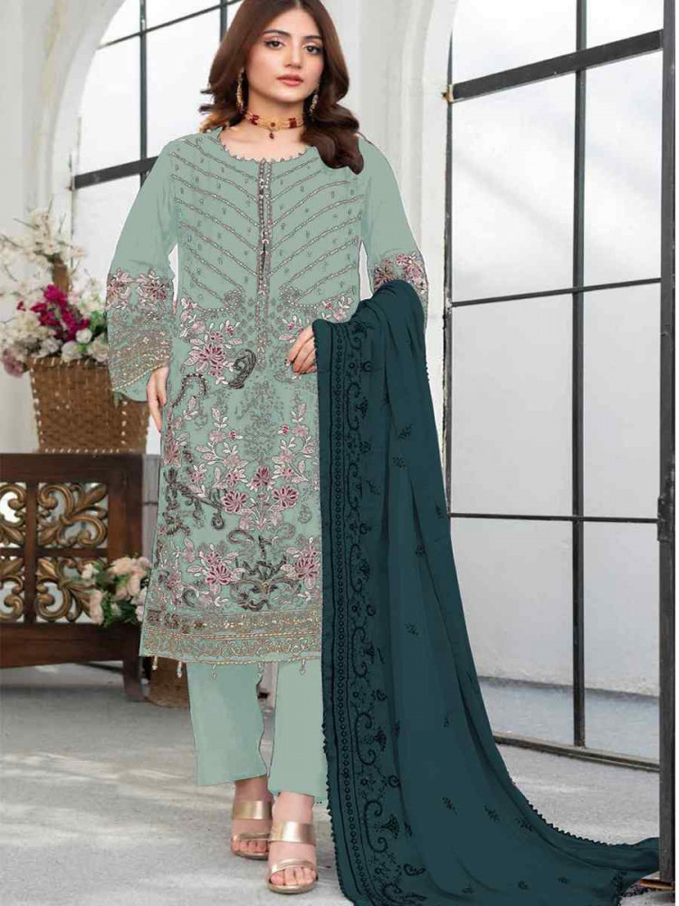Green Faux Georgette Embroidered Festival Wedding Pant Salwar Kameez