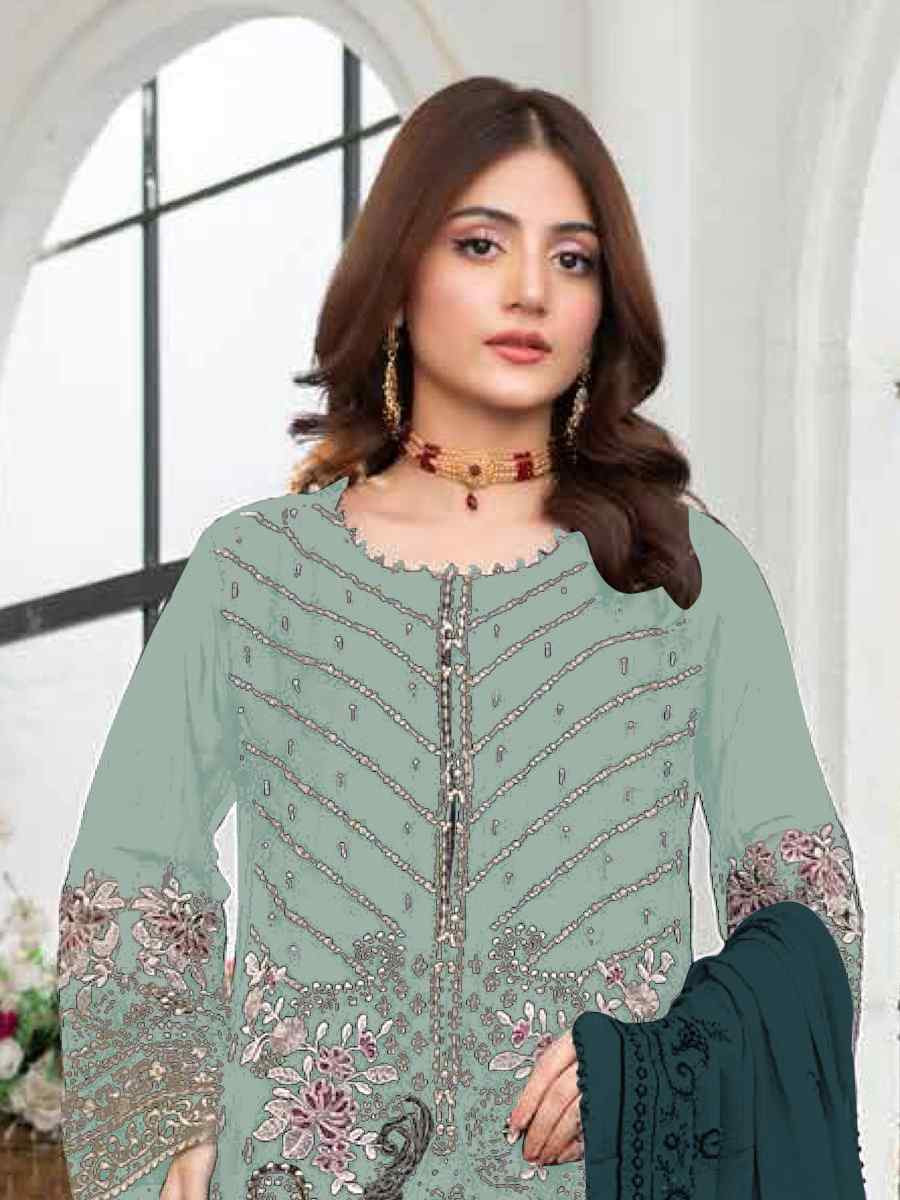 Green Faux Georgette Embroidered Festival Wedding Pant Salwar Kameez