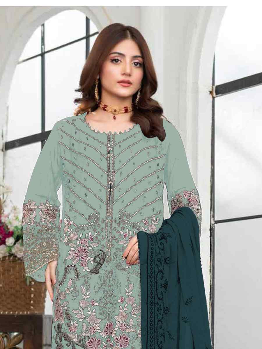 Green Faux Georgette Embroidered Festival Wedding Pant Salwar Kameez