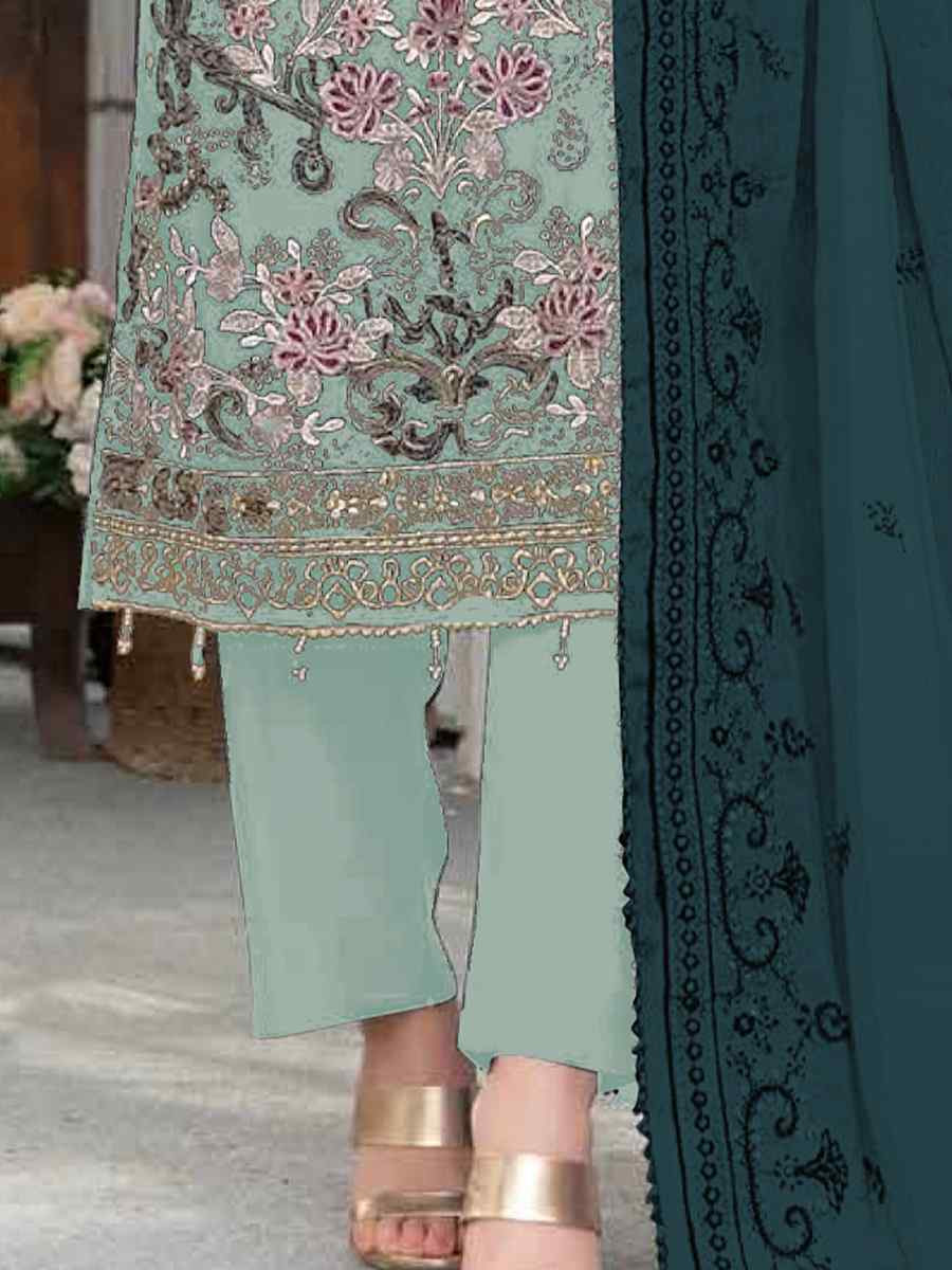 Green Faux Georgette Embroidered Festival Wedding Pant Salwar Kameez