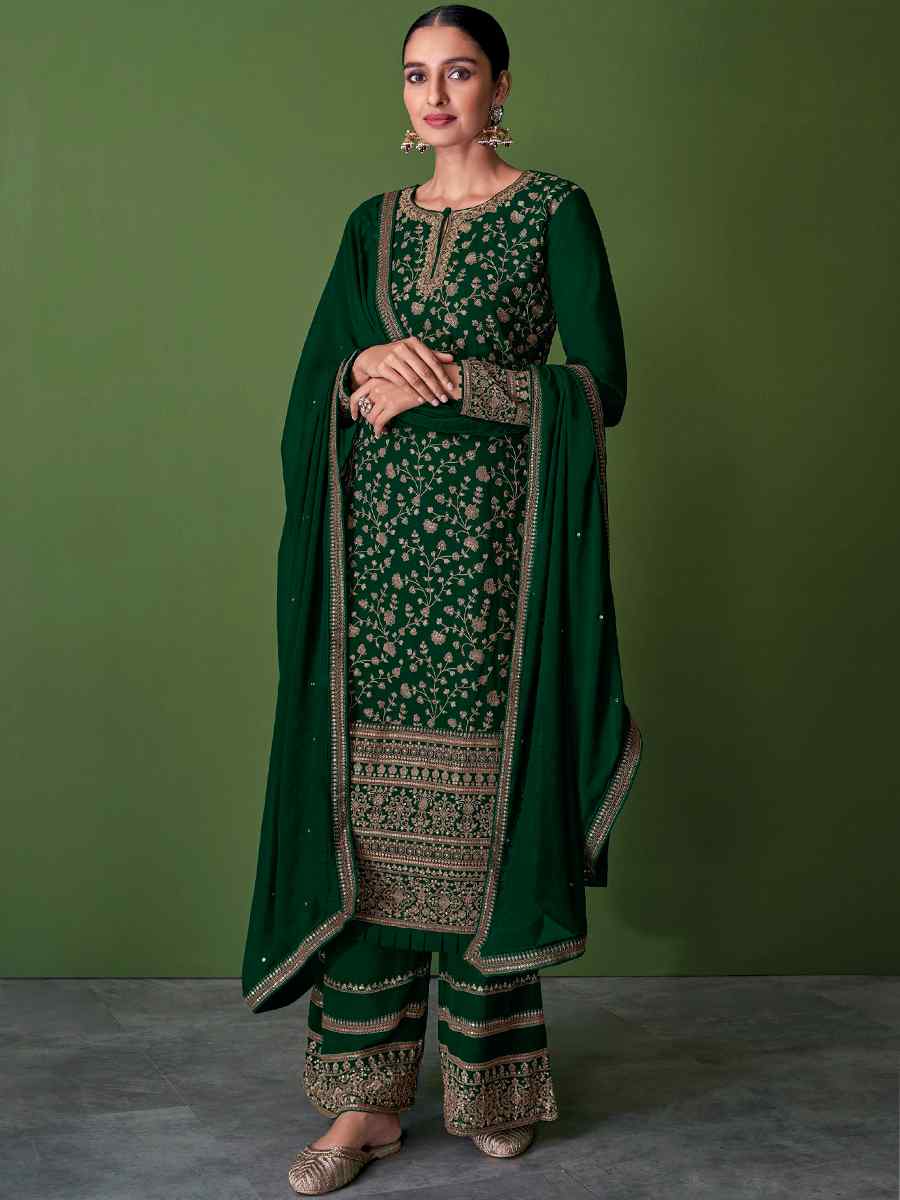 Green Faux Georgette Embroidered Festival Wedding Pant Salwar Kameez