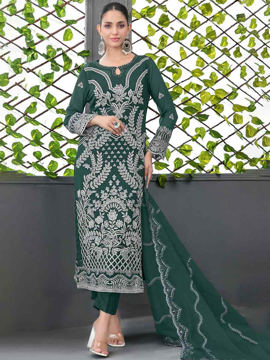 Green Faux Georgette Embroidered Festival Wedding Pant Salwar Kameez