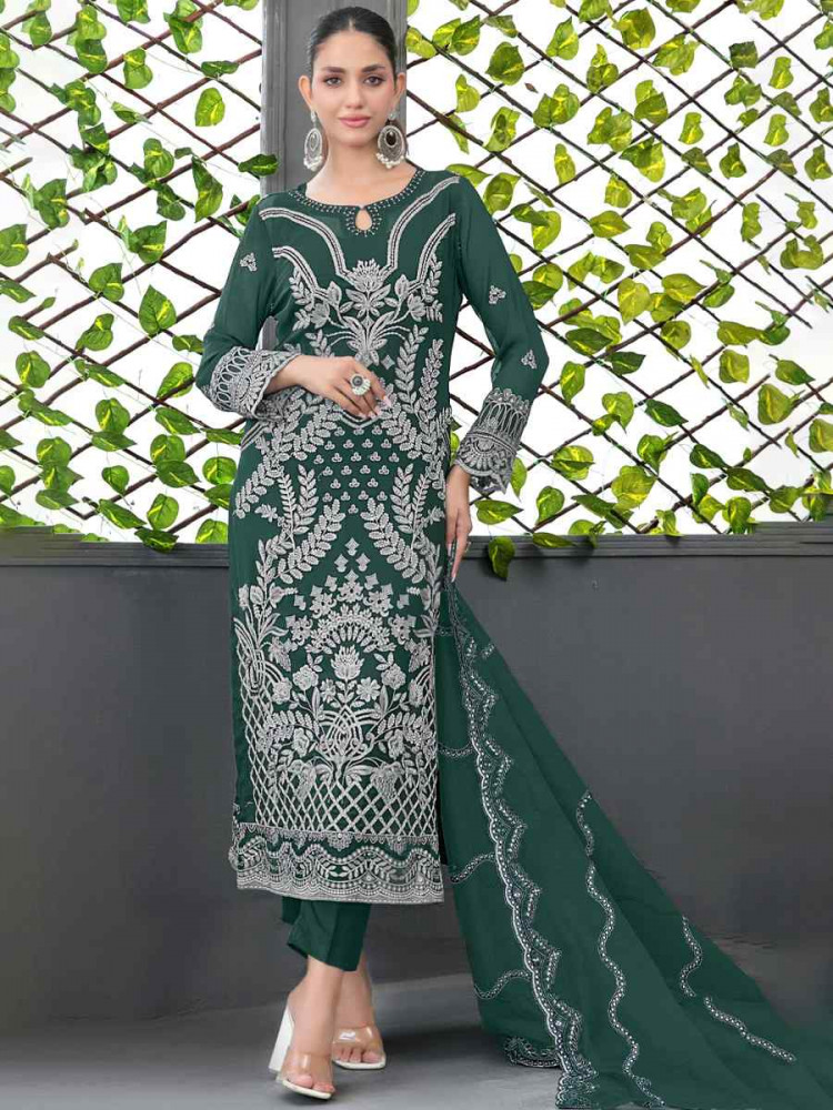 Green Faux Georgette Embroidered Festival Wedding Pant Salwar Kameez