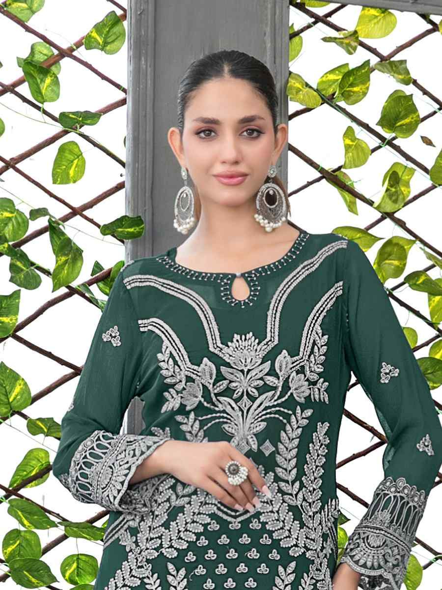 Green Faux Georgette Embroidered Festival Wedding Pant Salwar Kameez