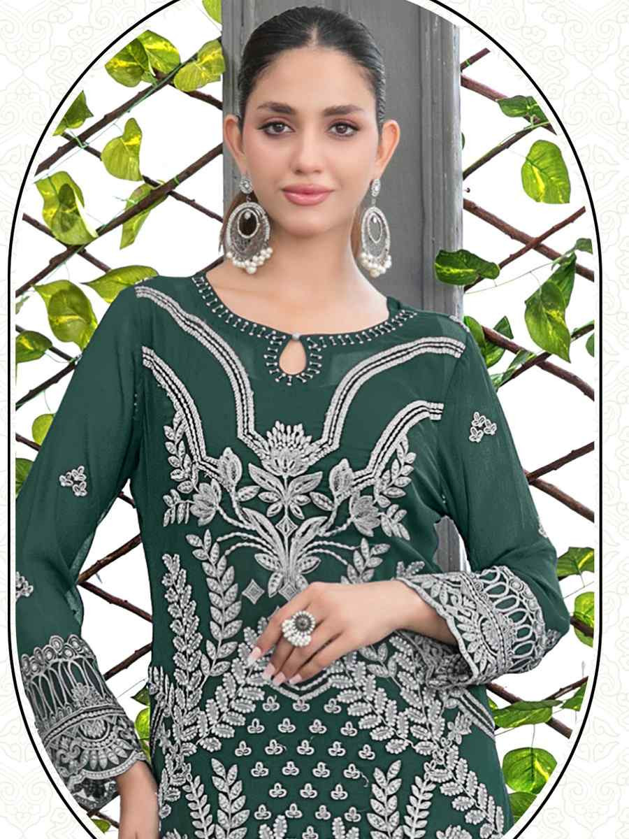 Green Faux Georgette Embroidered Festival Wedding Pant Salwar Kameez