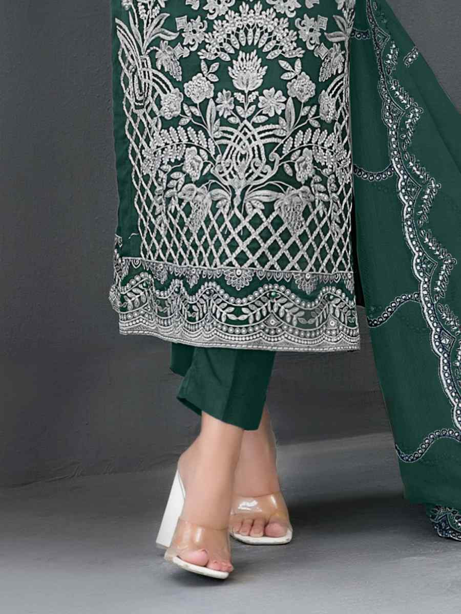 Green Faux Georgette Embroidered Festival Wedding Pant Salwar Kameez