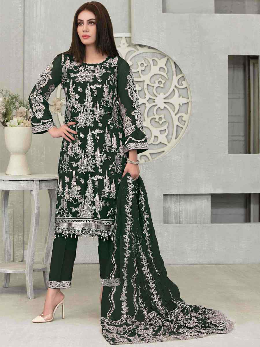 Green Faux Georgette Embroidered Festival Wedding Pant Salwar Kameez