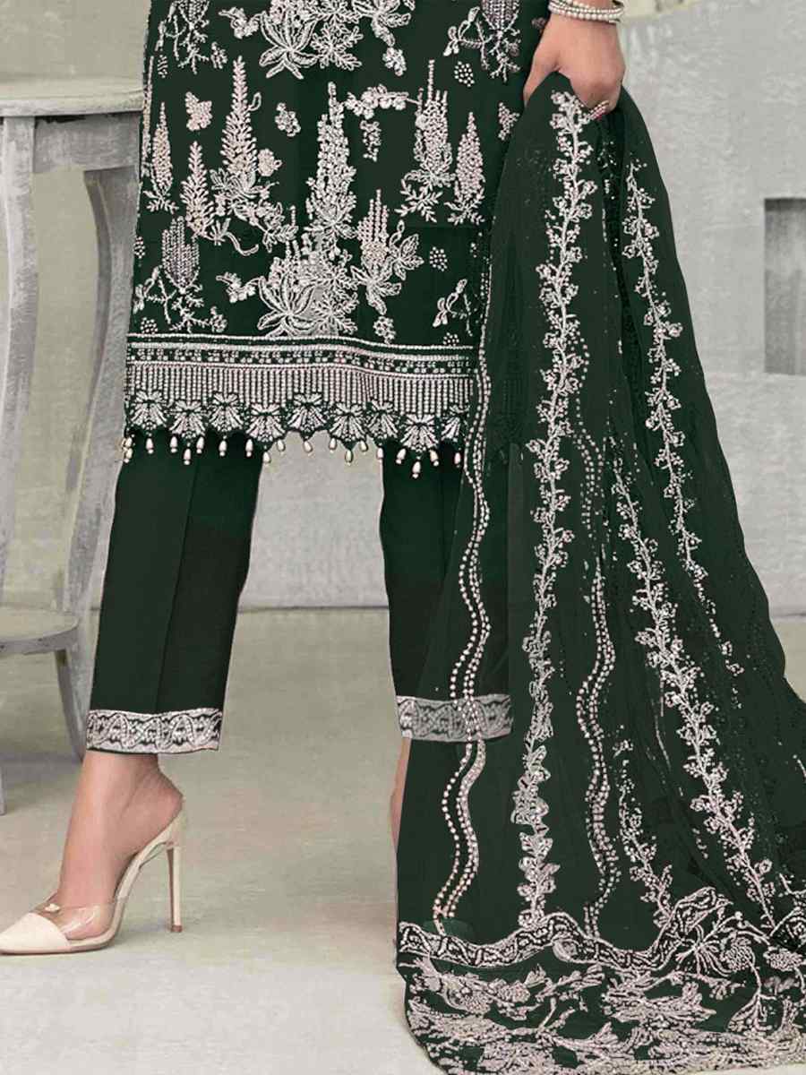 Green Faux Georgette Embroidered Festival Wedding Pant Salwar Kameez