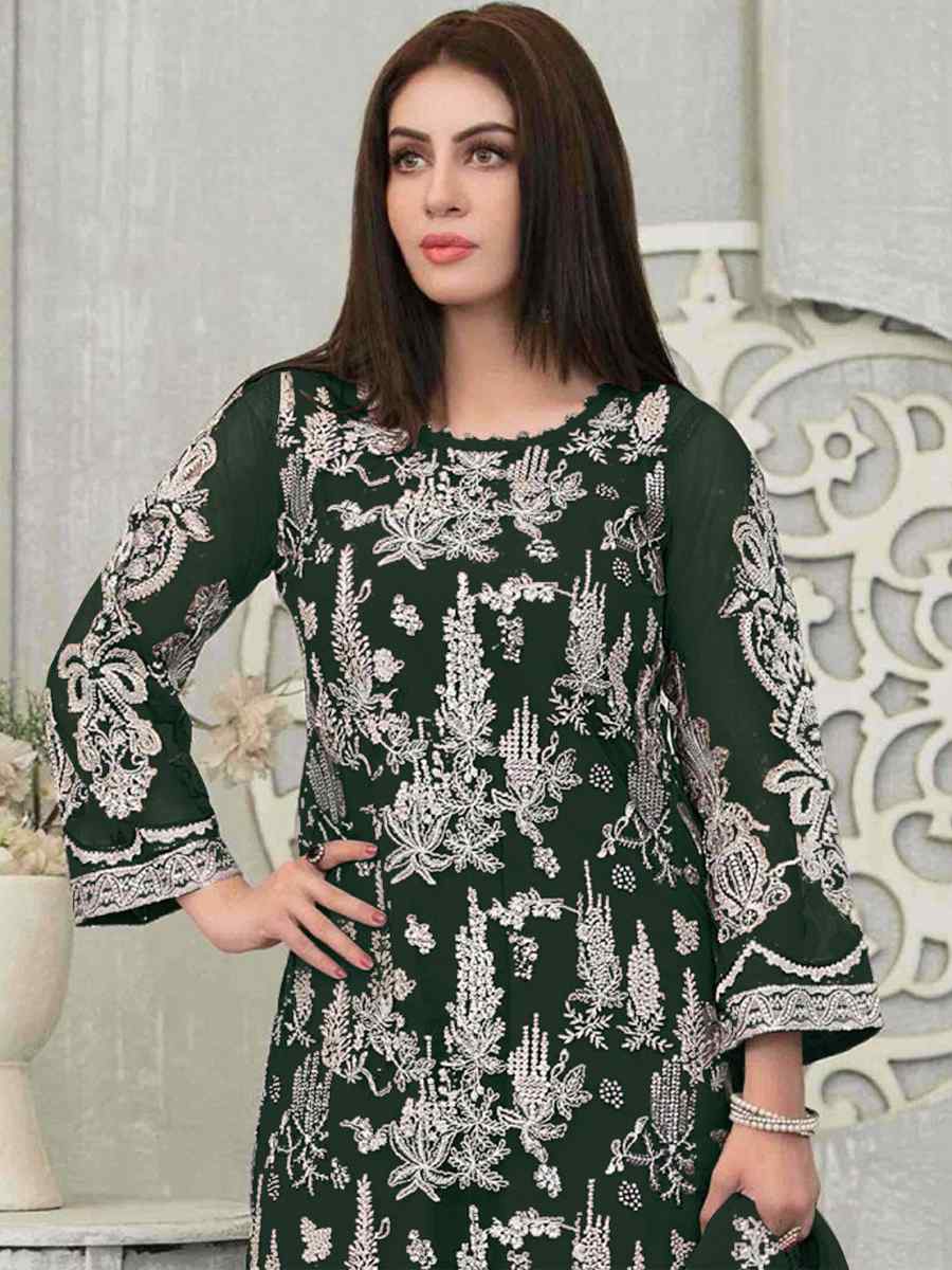 Green Faux Georgette Embroidered Festival Wedding Pant Salwar Kameez