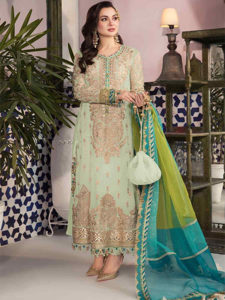 Green Faux Georgette Embroidered Festival Wedding Pant Salwar Kameez