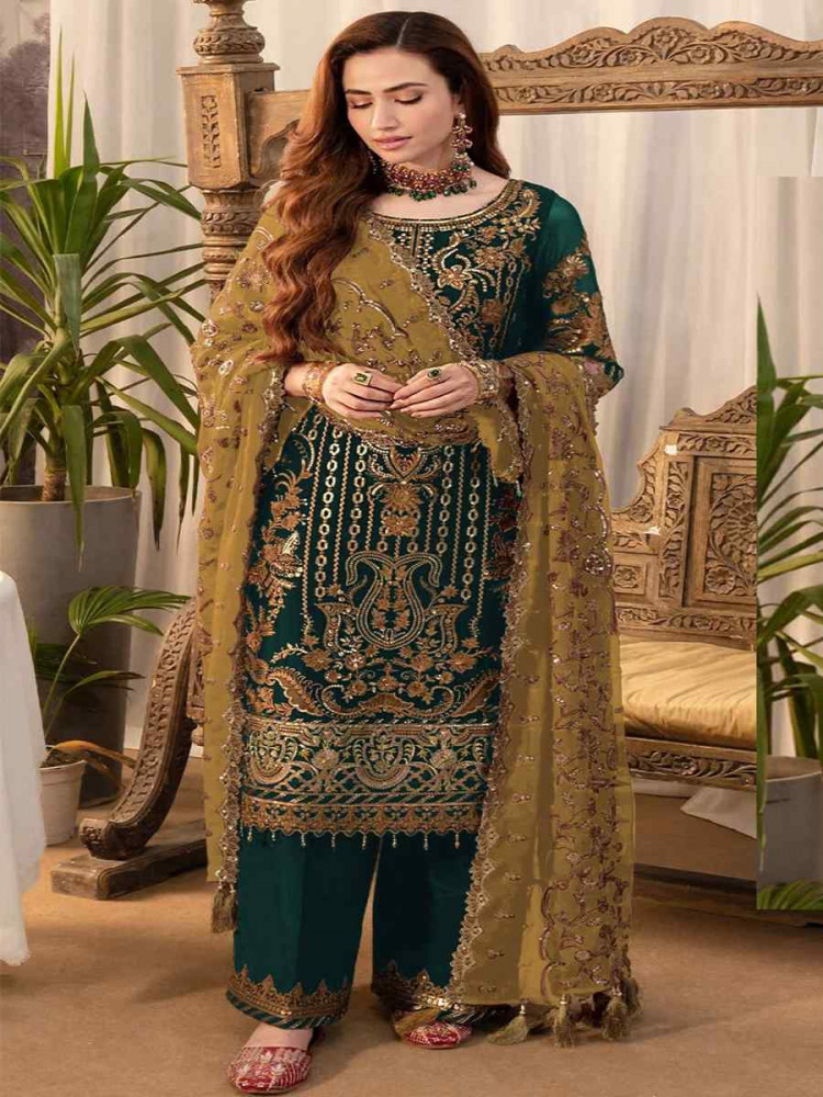 Green Faux Georgette Embroidered Festival Wedding Pant Salwar Kameez