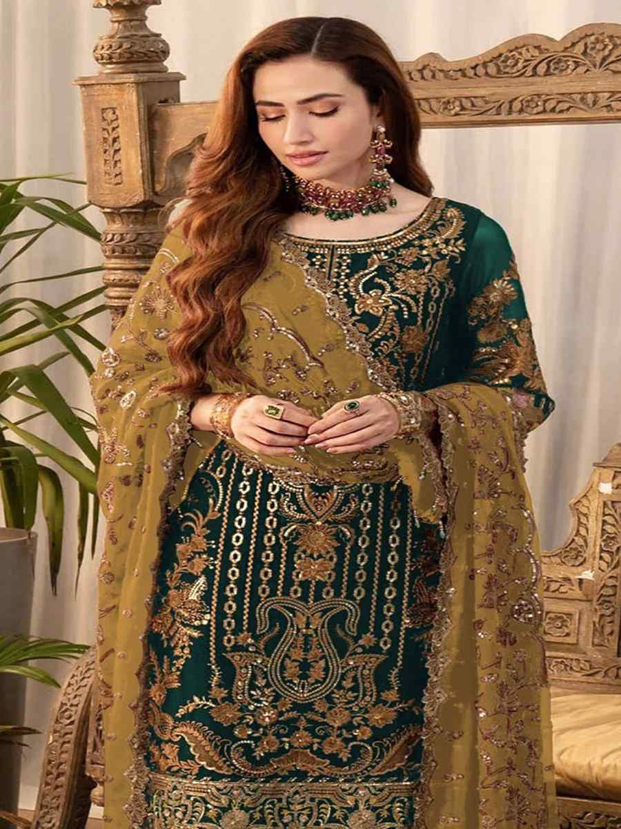 Green Faux Georgette Embroidered Festival Wedding Pant Salwar Kameez