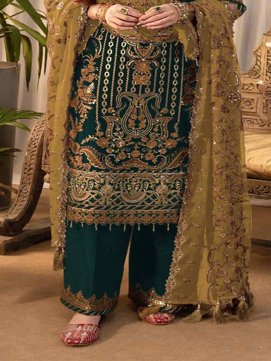 Green Faux Georgette Embroidered Festival Wedding Pant Salwar Kameez