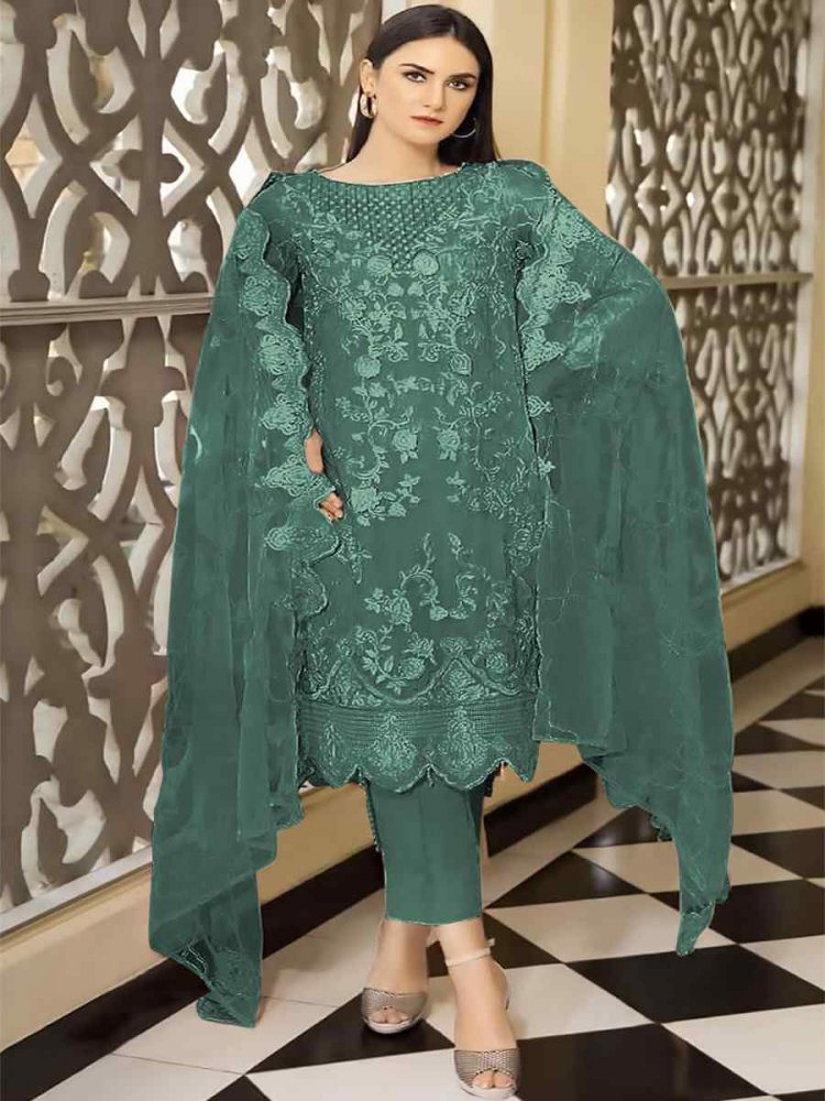 Green Faux Georgette Embroidered Festival Wedding Pant Salwar Kameez