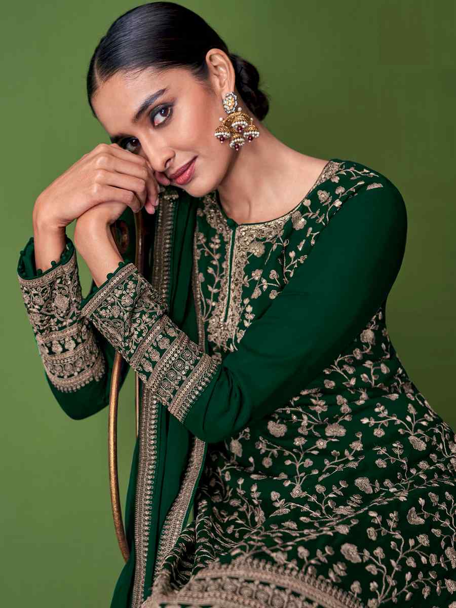 Green Faux Georgette Embroidered Festival Wedding Pant Salwar Kameez