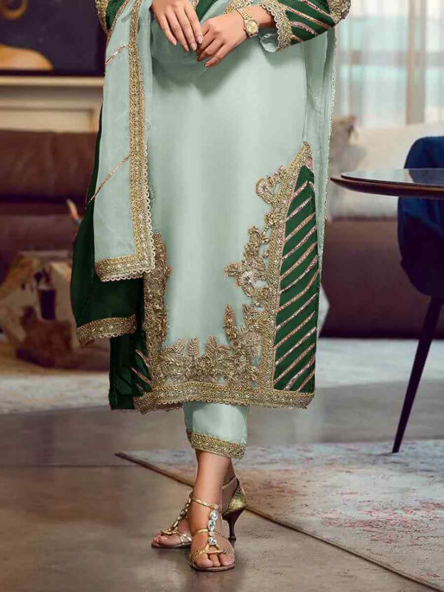 Green Faux Georgette Embroidered Festival Wedding Pant Salwar Kameez