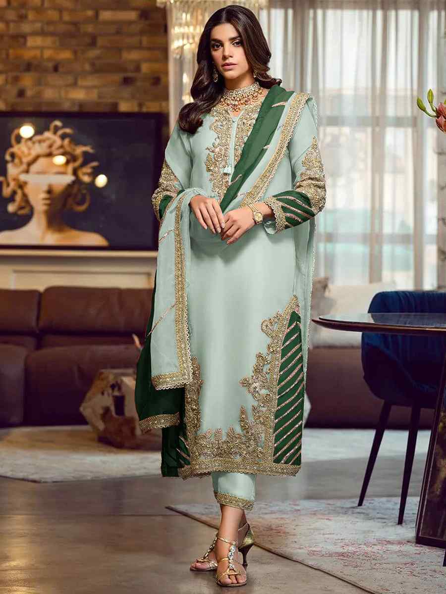 Green Faux Georgette Embroidered Festival Wedding Pant Salwar Kameez