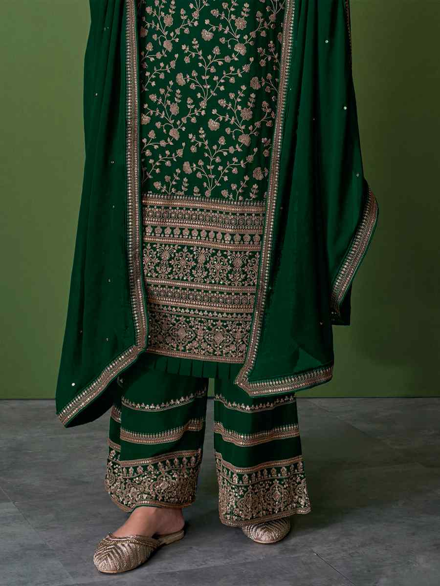 Green Faux Georgette Embroidered Festival Wedding Pant Salwar Kameez