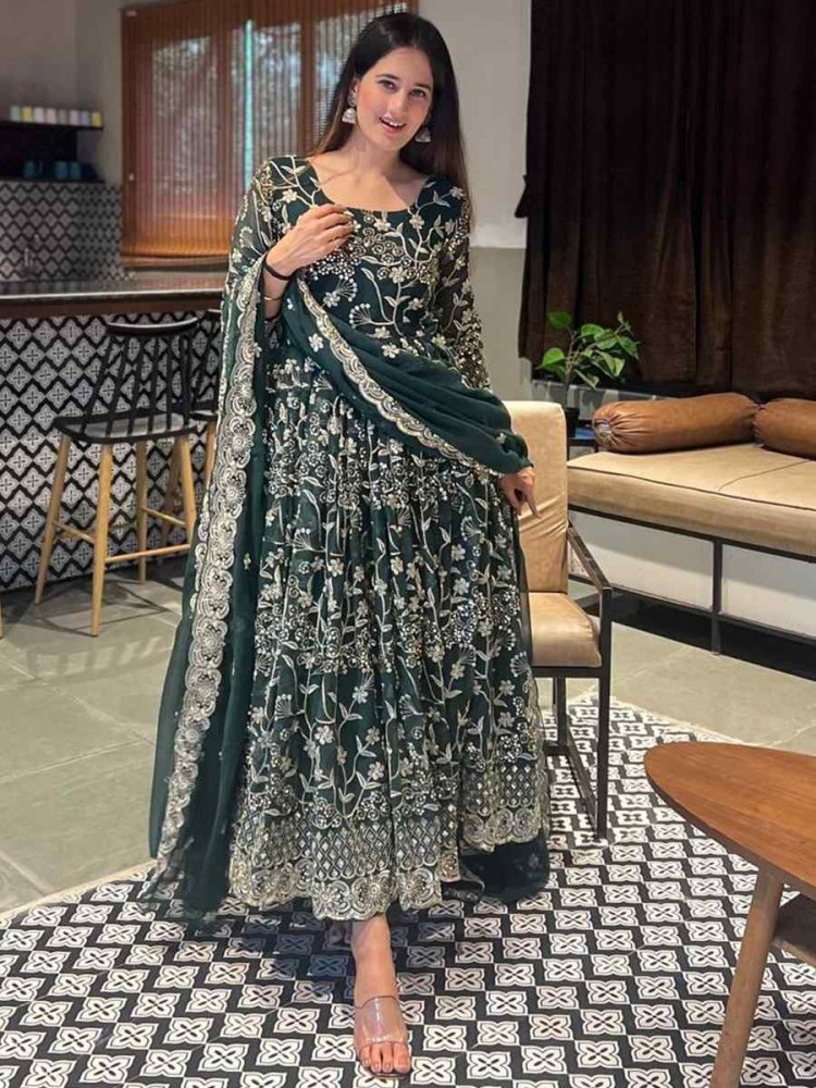 Green Faux Georgette Embroidered Festival Wedding Ready Anarkali Salwar Kameez