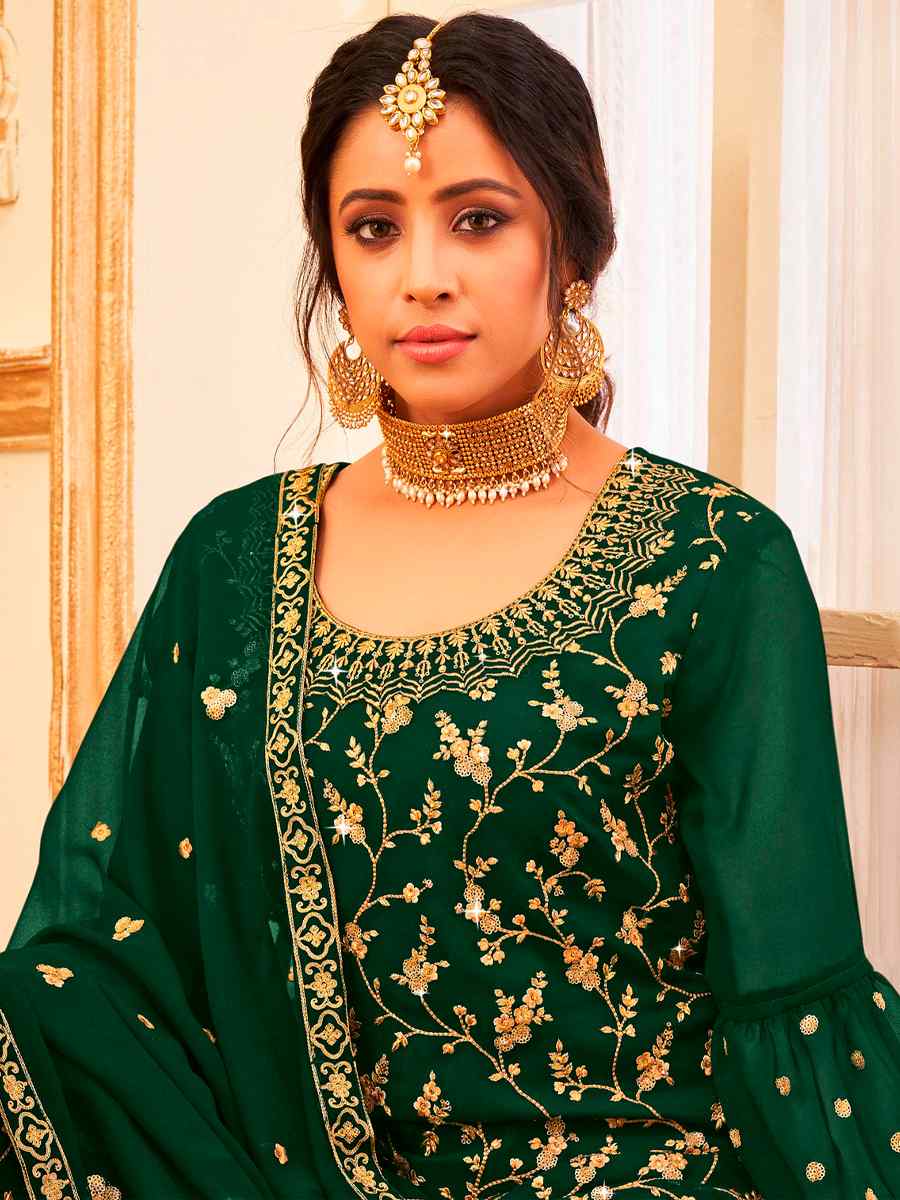 Green Faux Georgette Embroidered Festival Wedding Sharara Pant Salwar Kameez