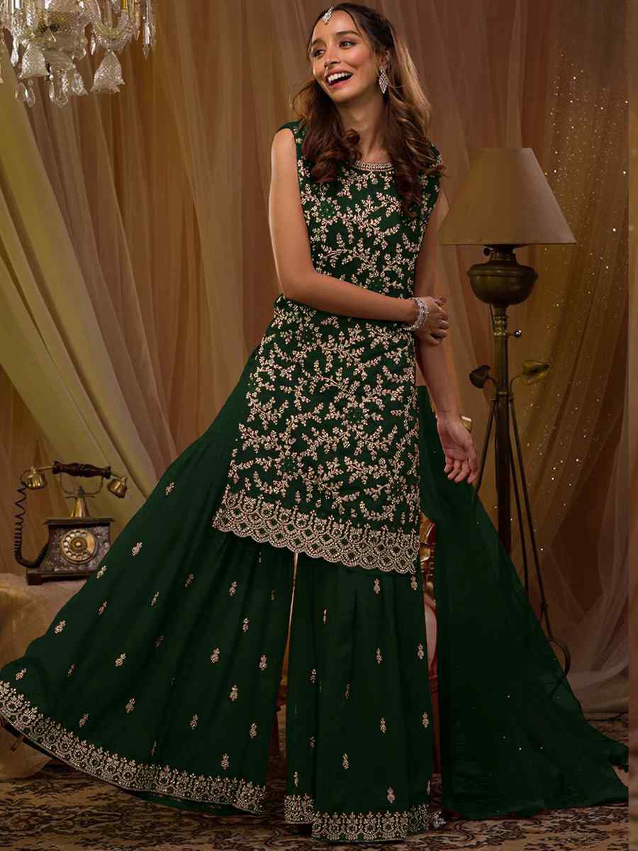 Green Faux Georgette Embroidered Festival Wedding Sharara Pant Salwar Kameez
