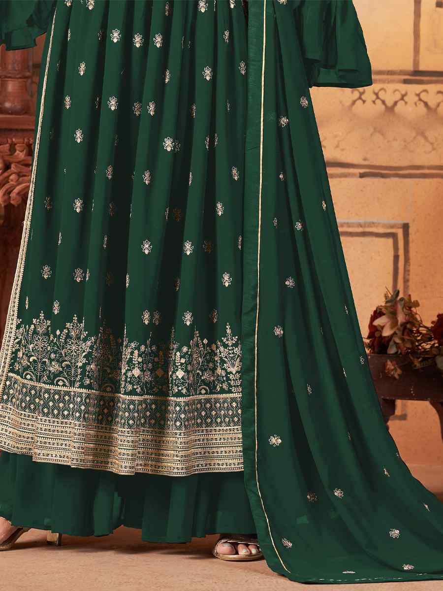 Green Faux Georgette Embroidered Festival Wedding Sharara Pant Salwar Kameez