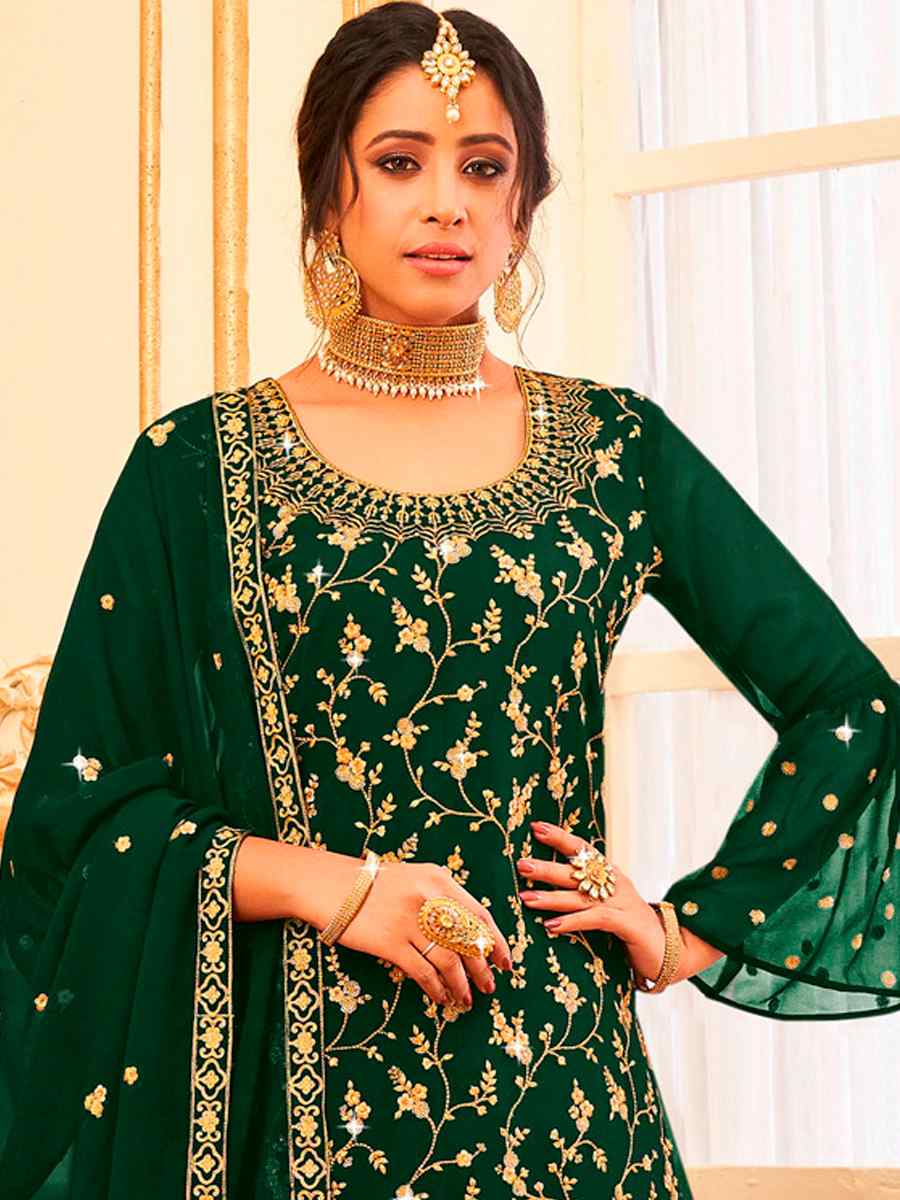 Green Faux Georgette Embroidered Festival Wedding Sharara Pant Salwar Kameez