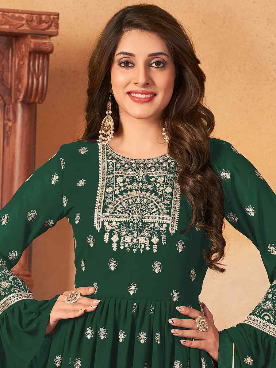 Green Faux Georgette Embroidered Festival Wedding Sharara Pant Salwar Kameez