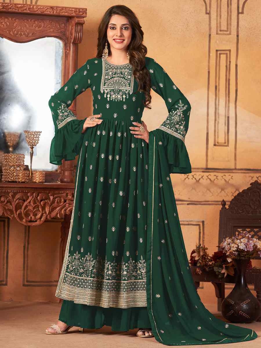 Green Faux Georgette Embroidered Festival Wedding Sharara Pant Salwar Kameez