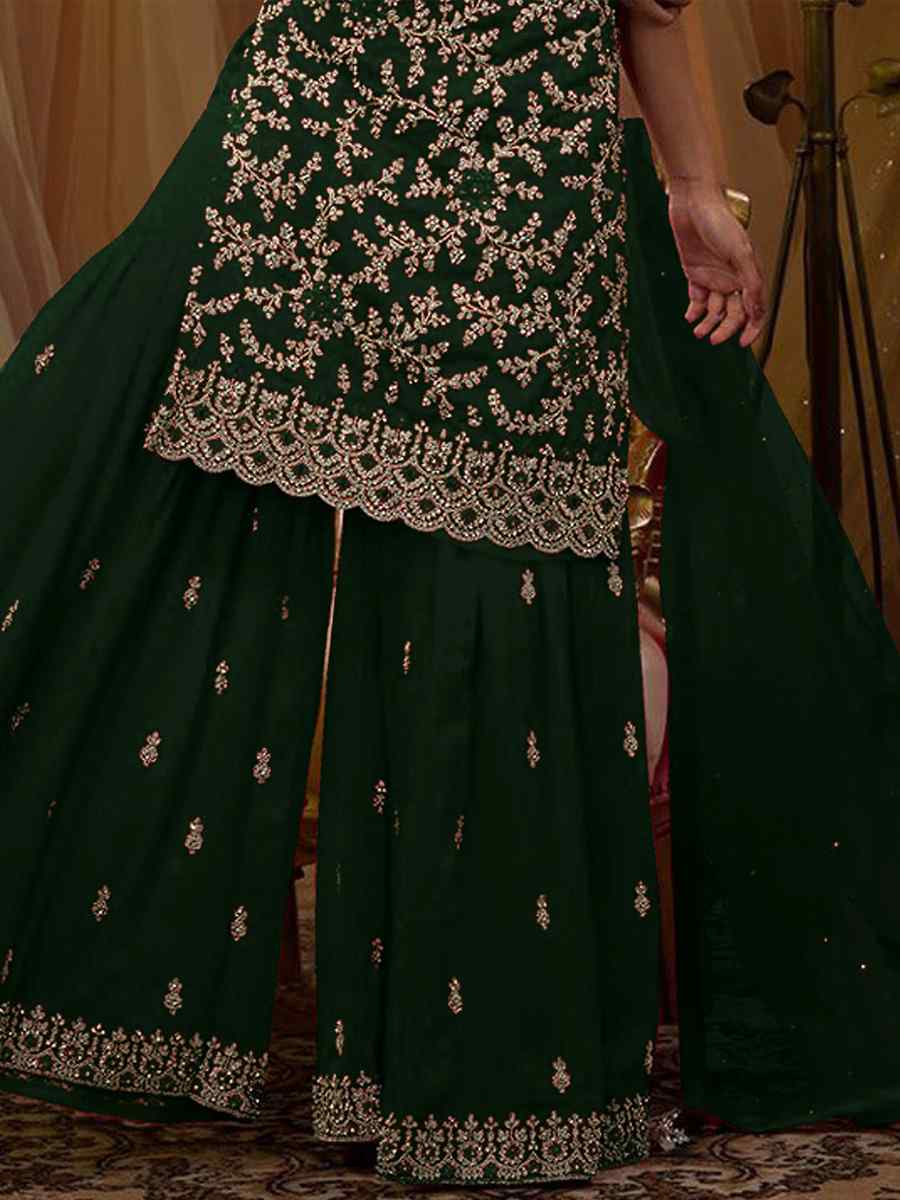 Green Faux Georgette Embroidered Festival Wedding Sharara Pant Salwar Kameez