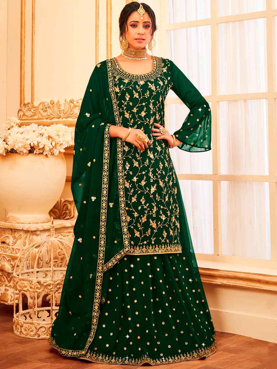 Green Faux Georgette Embroidered Festival Wedding Sharara Pant Salwar Kameez