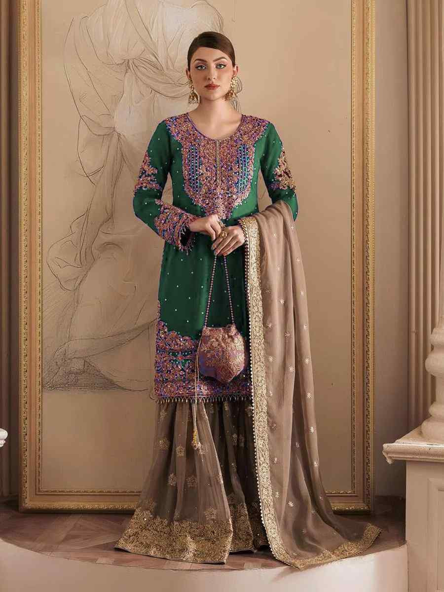 Green Faux Georgette Embroidered Festival Wedding Sharara Pant Salwar Kameez