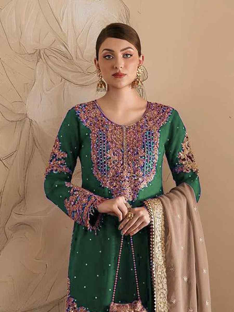 Green Faux Georgette Embroidered Festival Wedding Sharara Pant Salwar Kameez