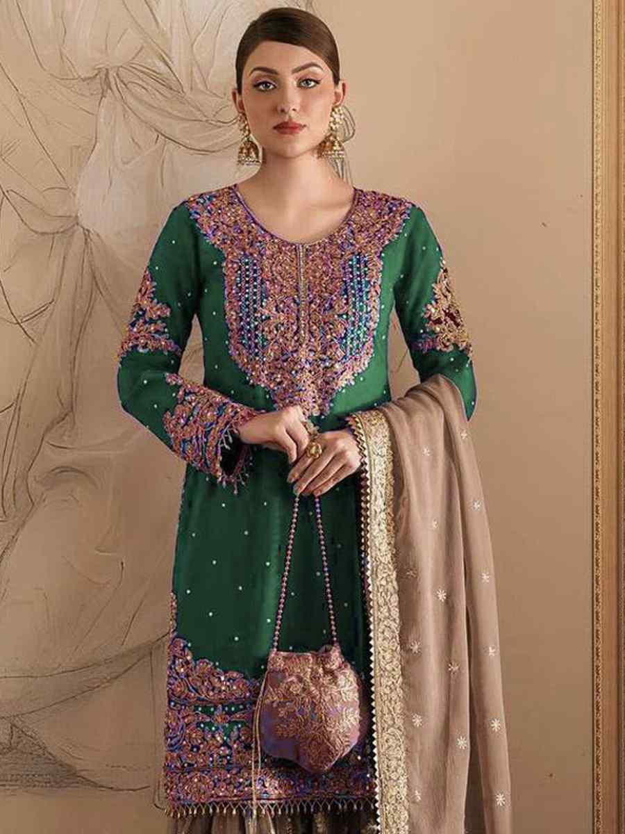 Green Faux Georgette Embroidered Festival Wedding Sharara Pant Salwar Kameez