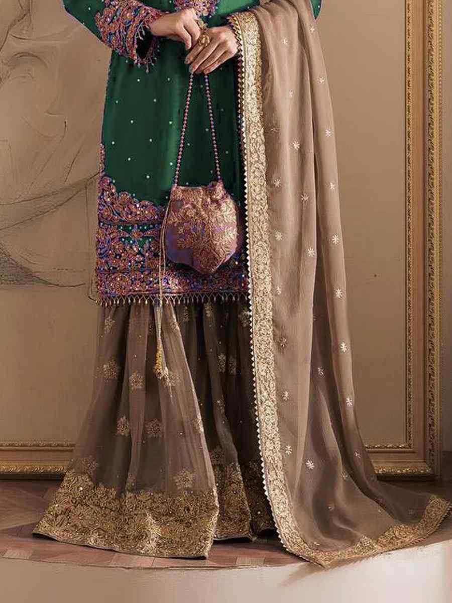 Green Faux Georgette Embroidered Festival Wedding Sharara Pant Salwar Kameez