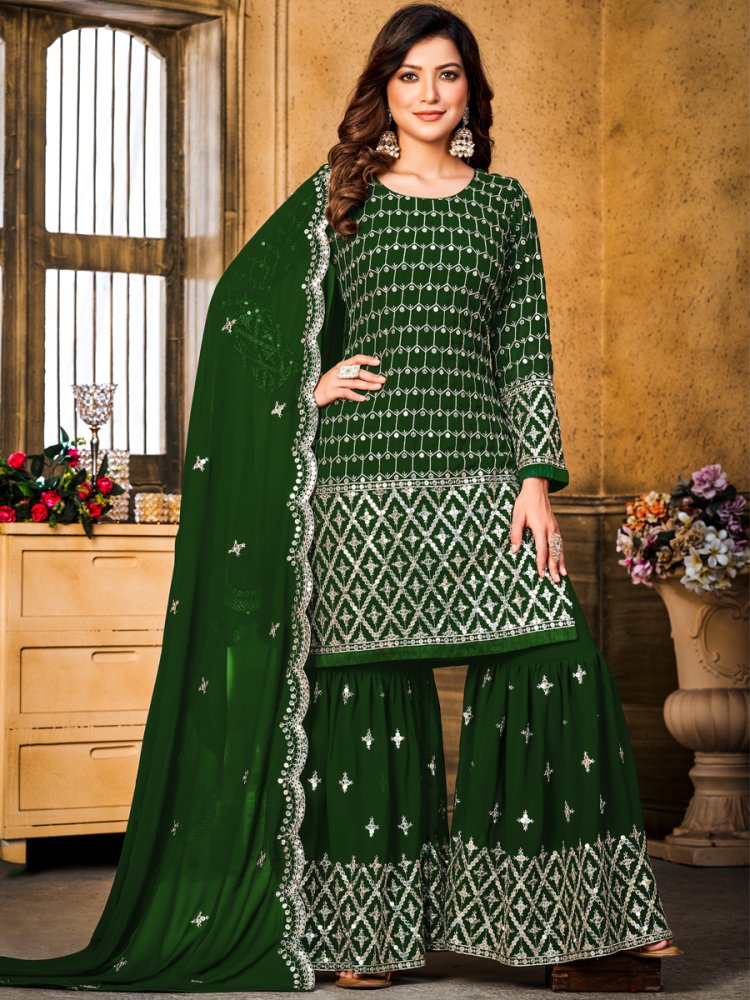 Green Faux Georgette Embroidered Festival Wedding Sharara Pant Salwar Kameez