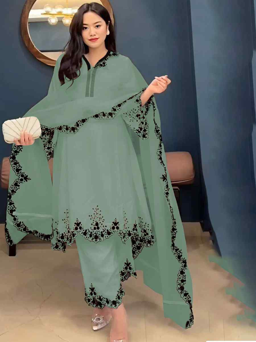 Green Faux Georgette Embroidered Party Casual Ready Palazzo Pant Salwar Kameez