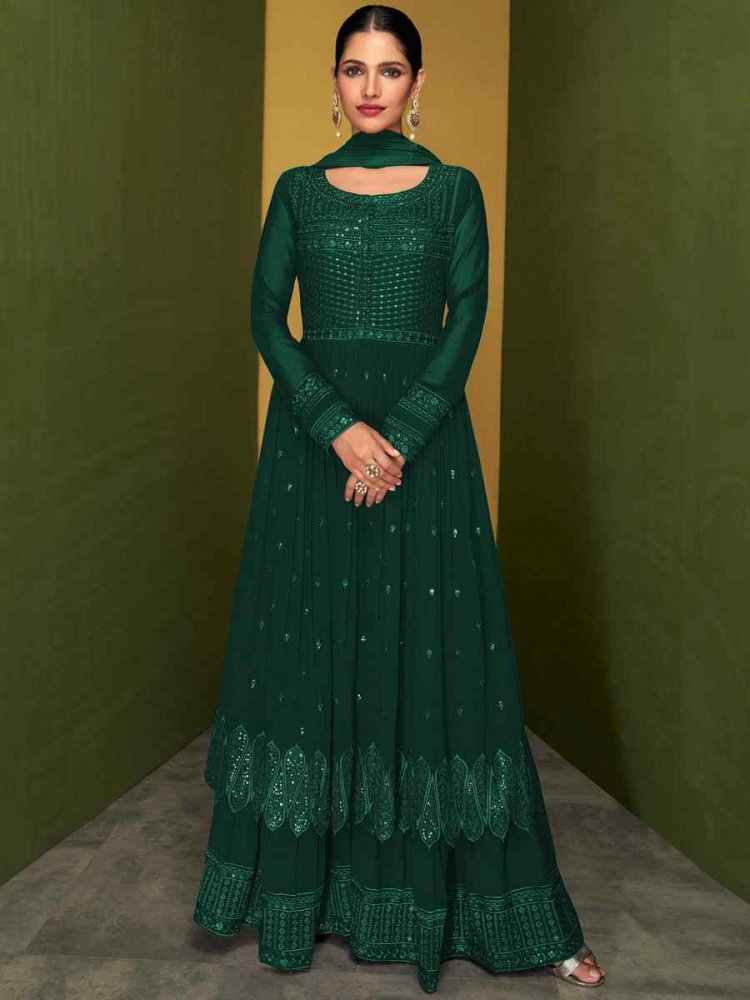 Green Faux Georgette Embroidered Party Festival Lawn Palazzo Sharara Pant Salwar Kameez