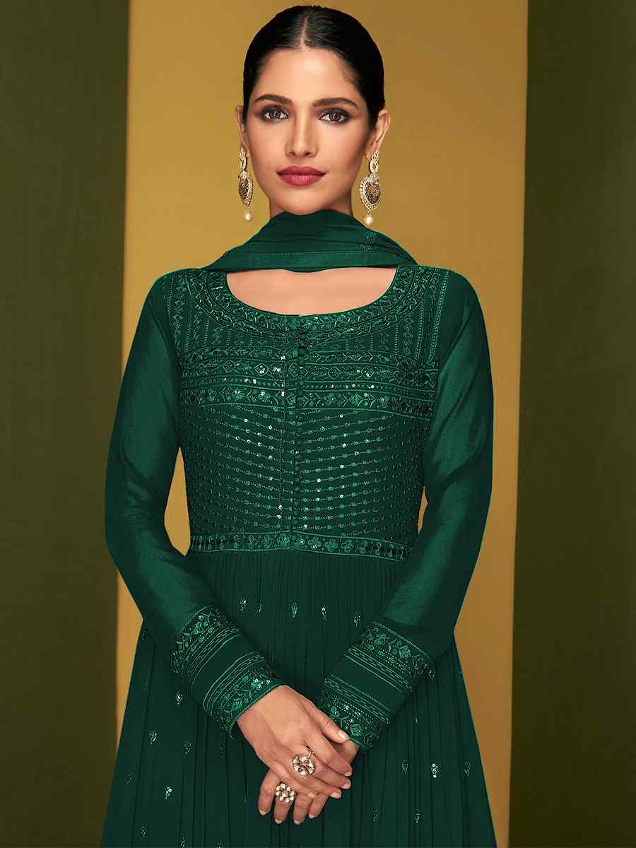 Green Faux Georgette Embroidered Party Festival Lawn Palazzo Sharara Pant Salwar Kameez