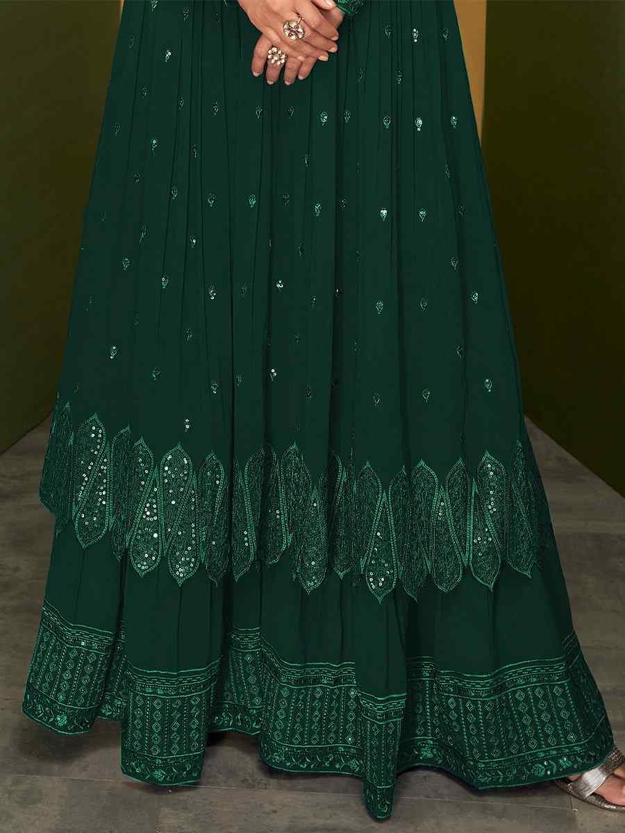 Green Faux Georgette Embroidered Party Festival Lawn Palazzo Sharara Pant Salwar Kameez