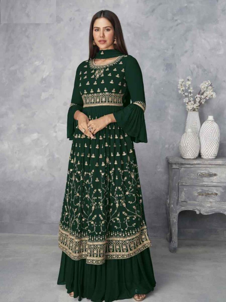 Green Faux Georgette Embroidered Stone Wedding Festival Cape Style Salwar Kameez