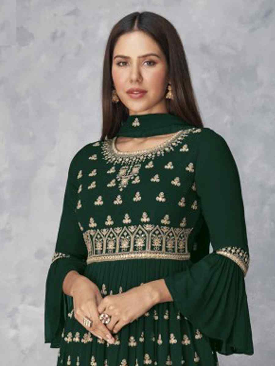 Green Faux Georgette Embroidered Stone Wedding Festival Cape Style Salwar Kameez