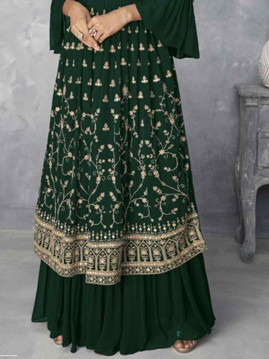 Green Faux Georgette Embroidered Stone Wedding Festival Cape Style Salwar Kameez