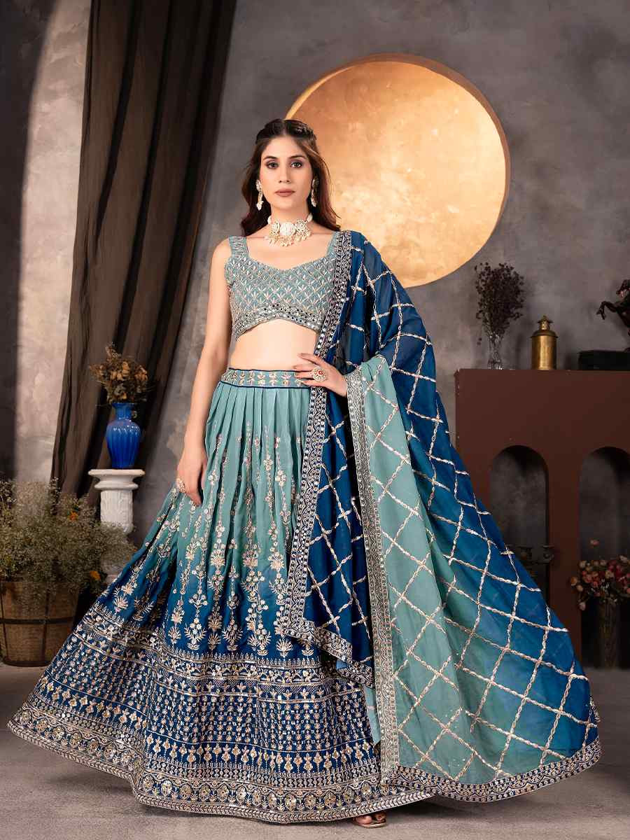 Green Faux Georgette Embroidered Wedding Festival Heavy Border Lehenga Choli