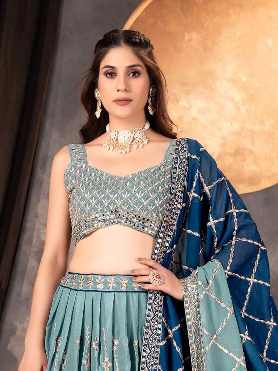 Green Faux Georgette Embroidered Wedding Festival Heavy Border Lehenga Choli