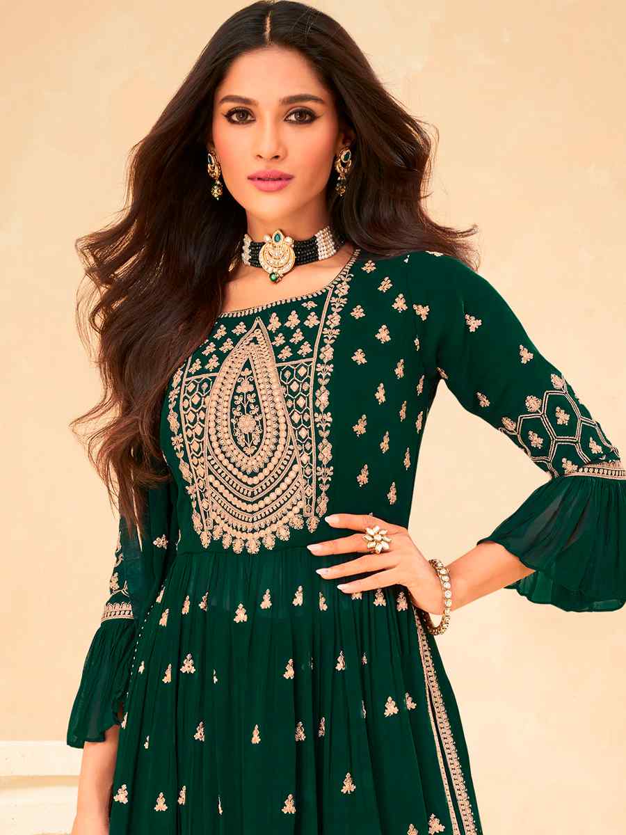 Green Faux Georgette Embroidered Wedding Festival Lawn Palazzo Pant Salwar Kameez