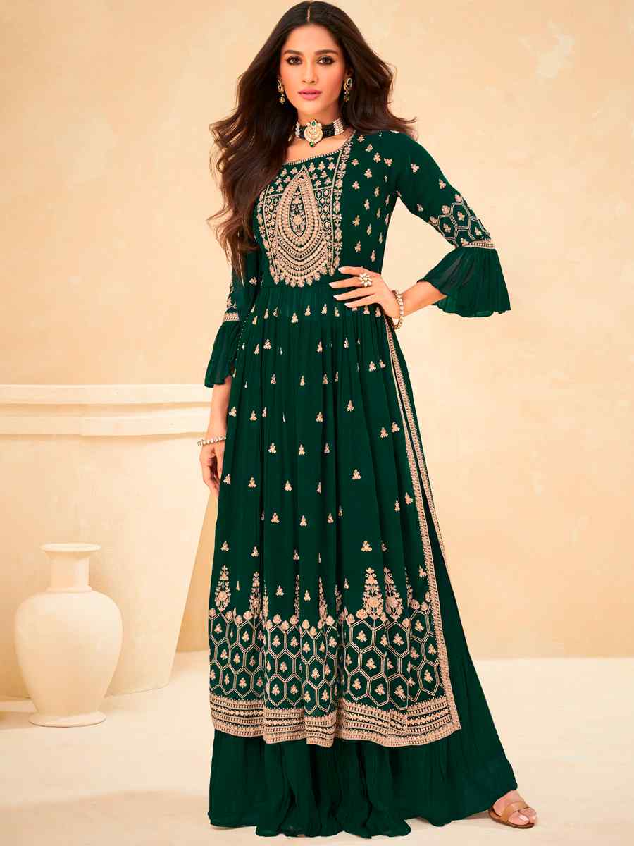 Green Faux Georgette Embroidered Wedding Festival Lawn Palazzo Pant Salwar Kameez